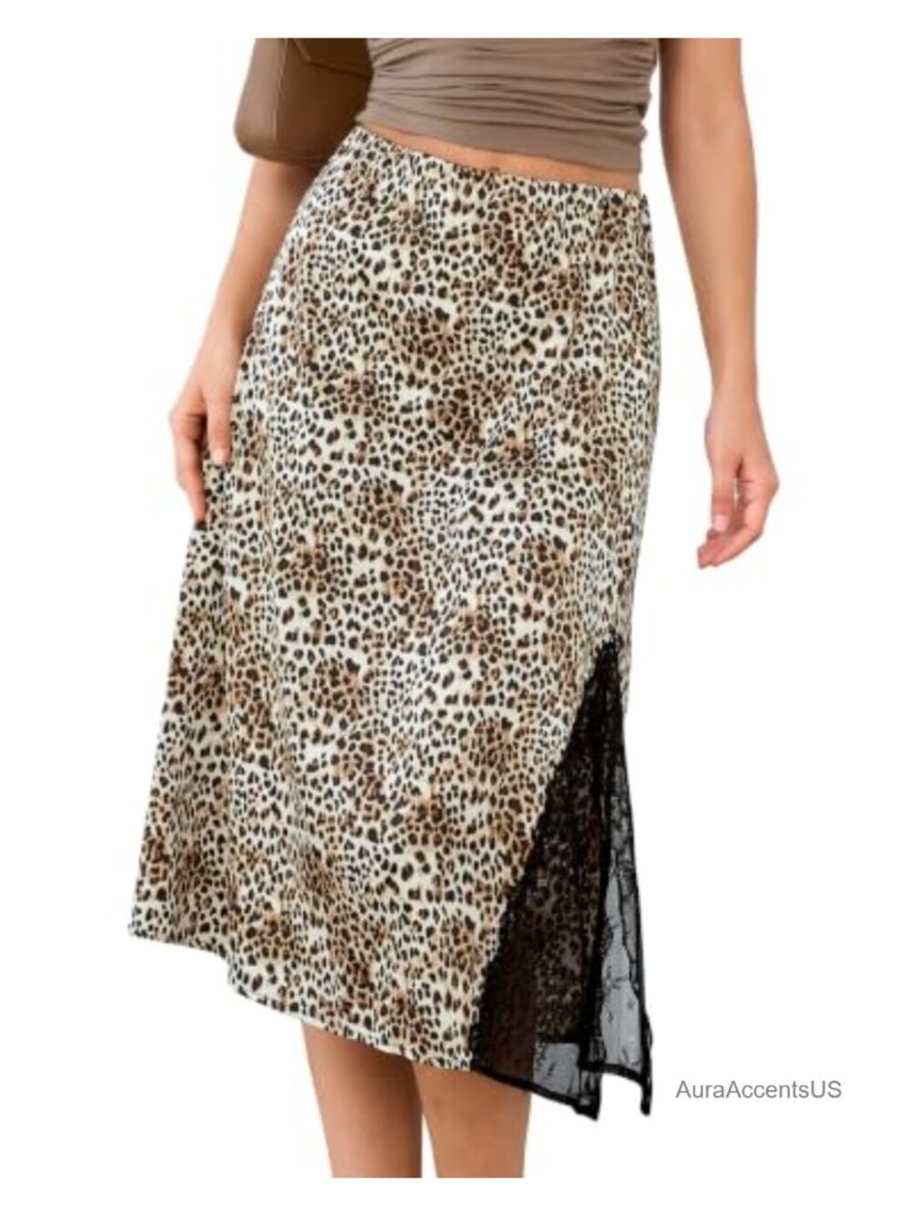 Satin A-Line Midi Slip Skirt with Lace Slit, Leopard Print
